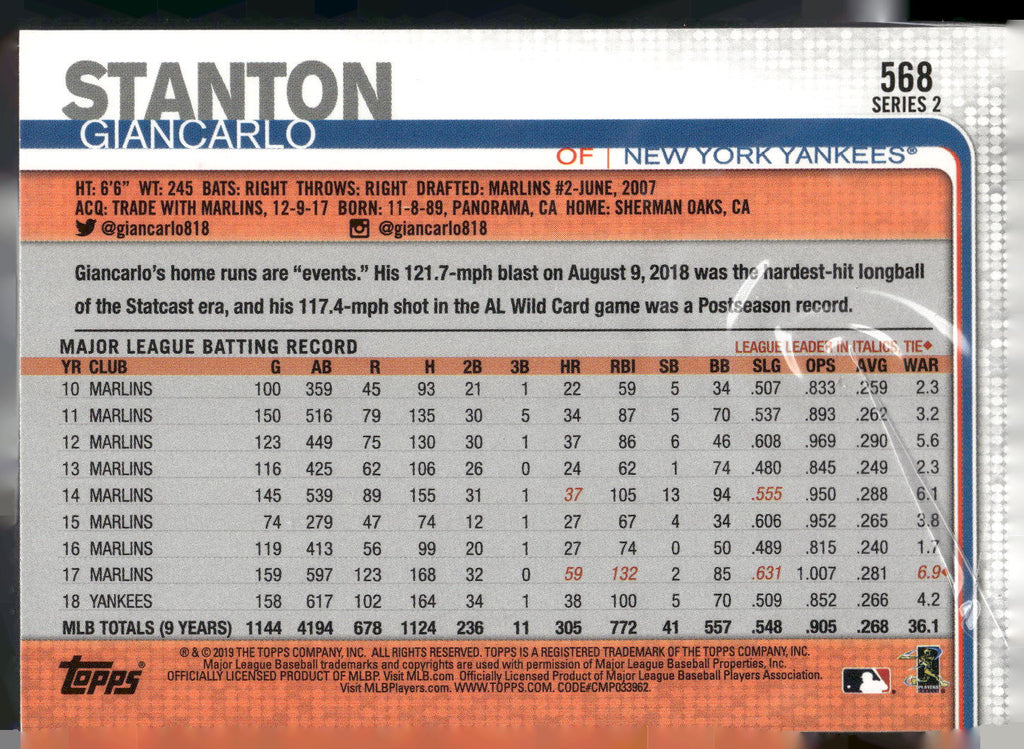 2019 Topps #568 Giancarlo Stanton