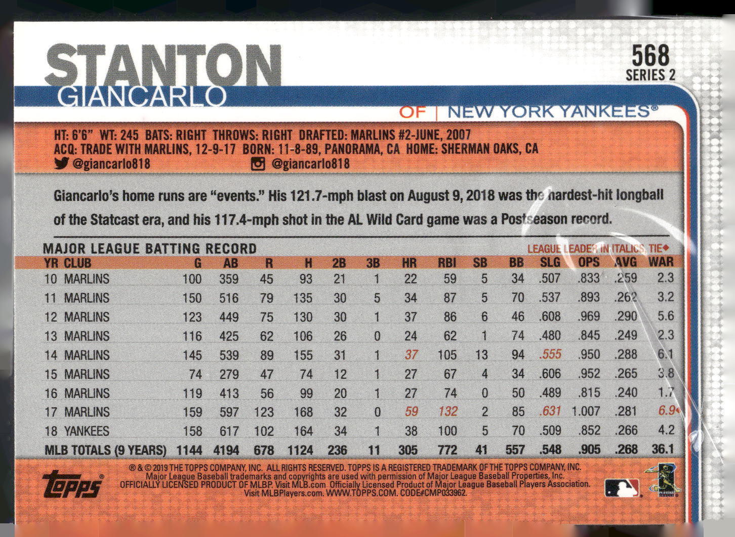 2019 Topps #568 Giancarlo Stanton
