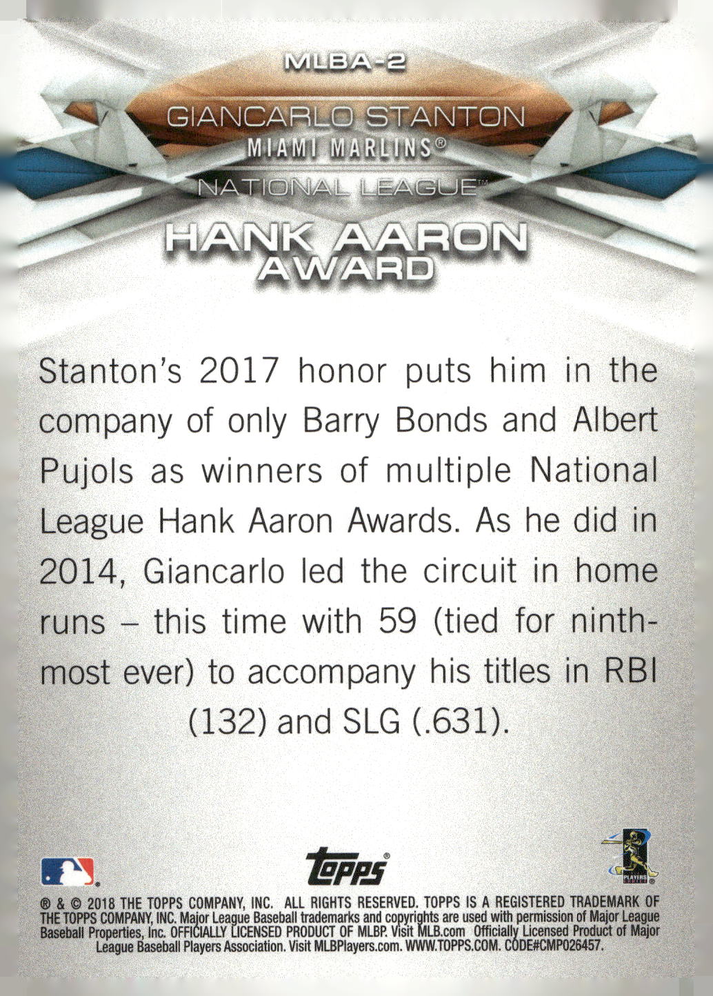 2018 Topps #MLBA-2 Giancarlo Stanton MLB Awards