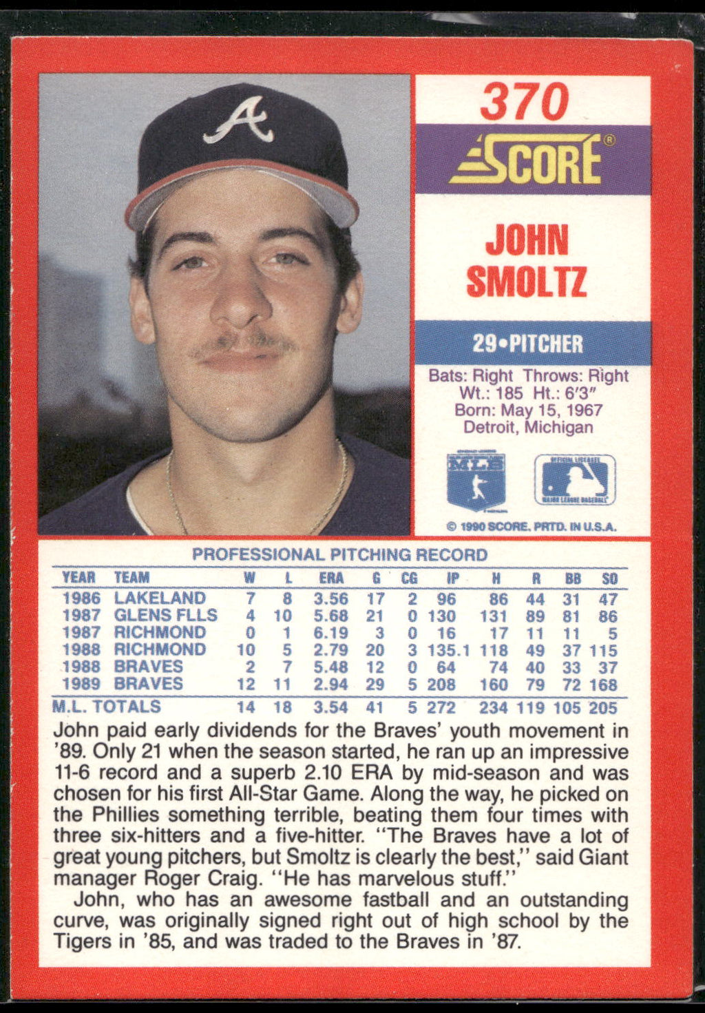 1990 Score #370 John Smoltz