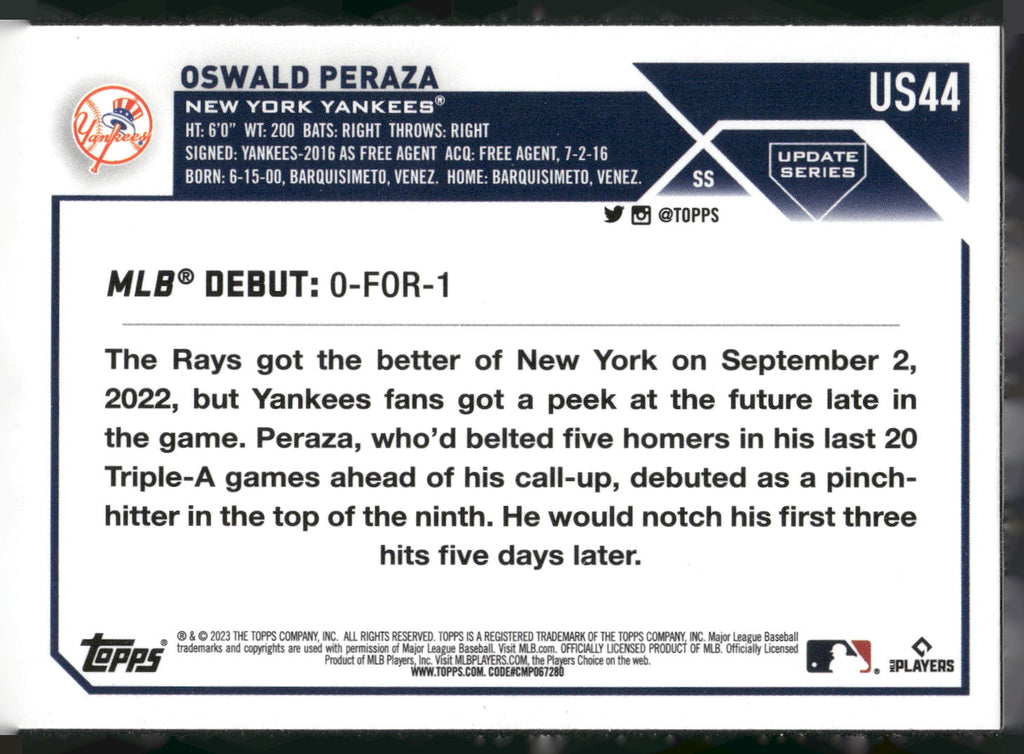 2023 Topps Update #US44 Oswald Peraza