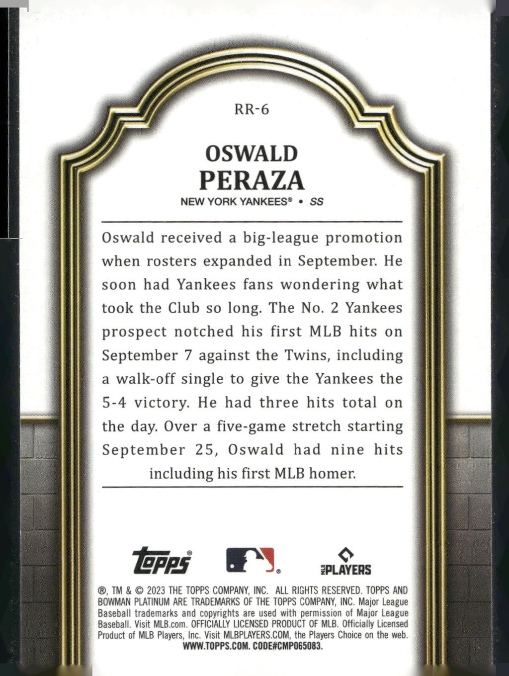 2023 Bowman Platinum #RR-6 Oswald Peraza Renowned Rookies