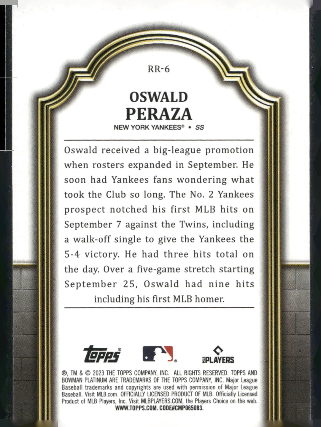 2023 Bowman Platinum #RR-6 Oswald Peraza Renowned Rookies