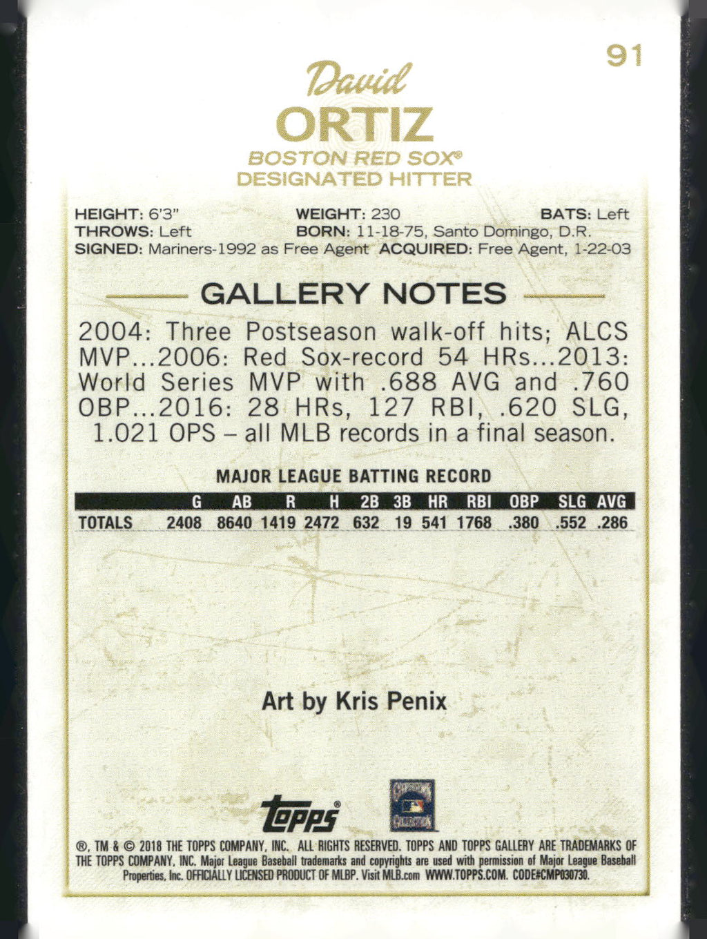 2018 Topps Gallery #91 David Ortiz