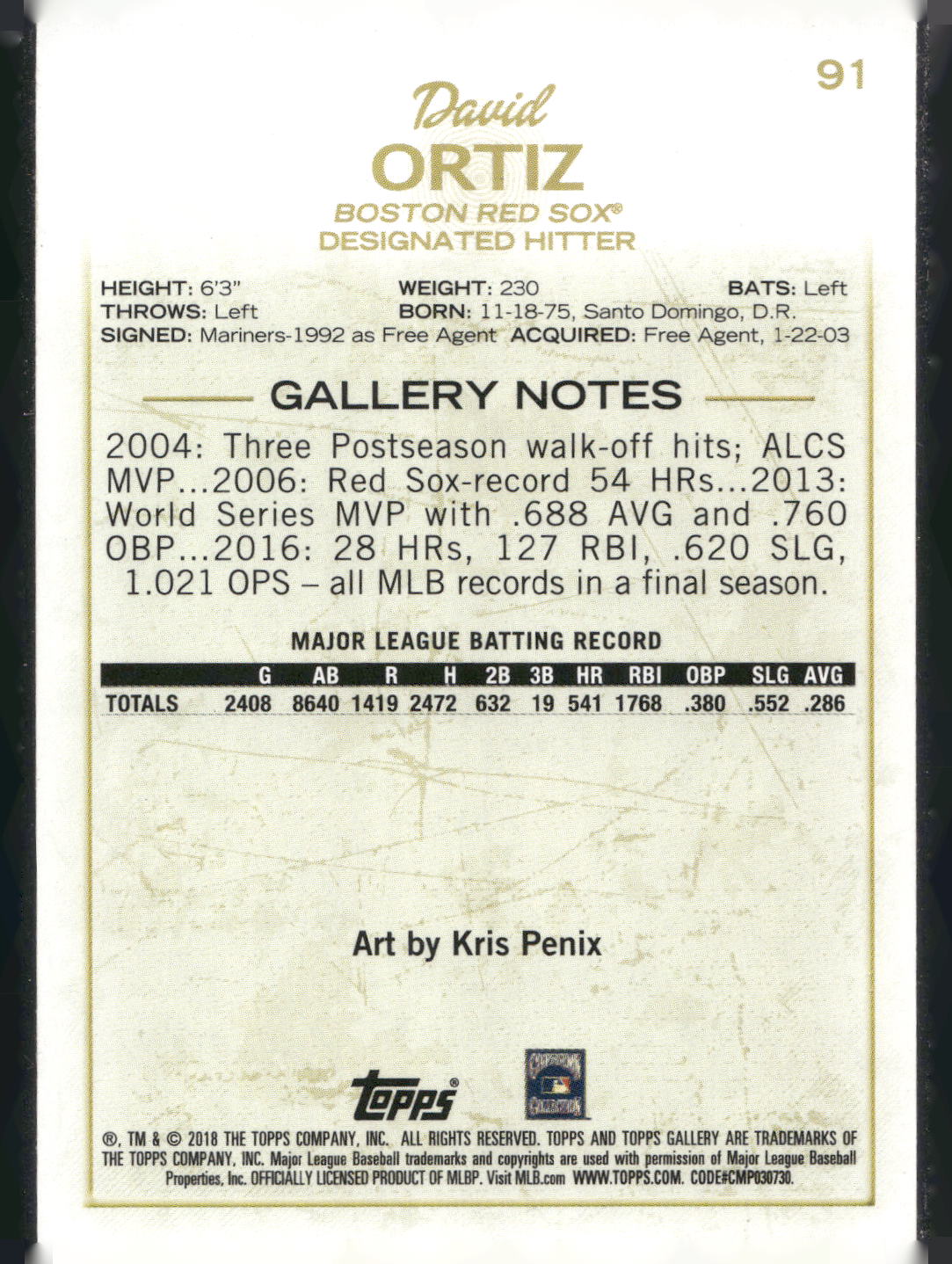 2018 Topps Gallery #91 David Ortiz