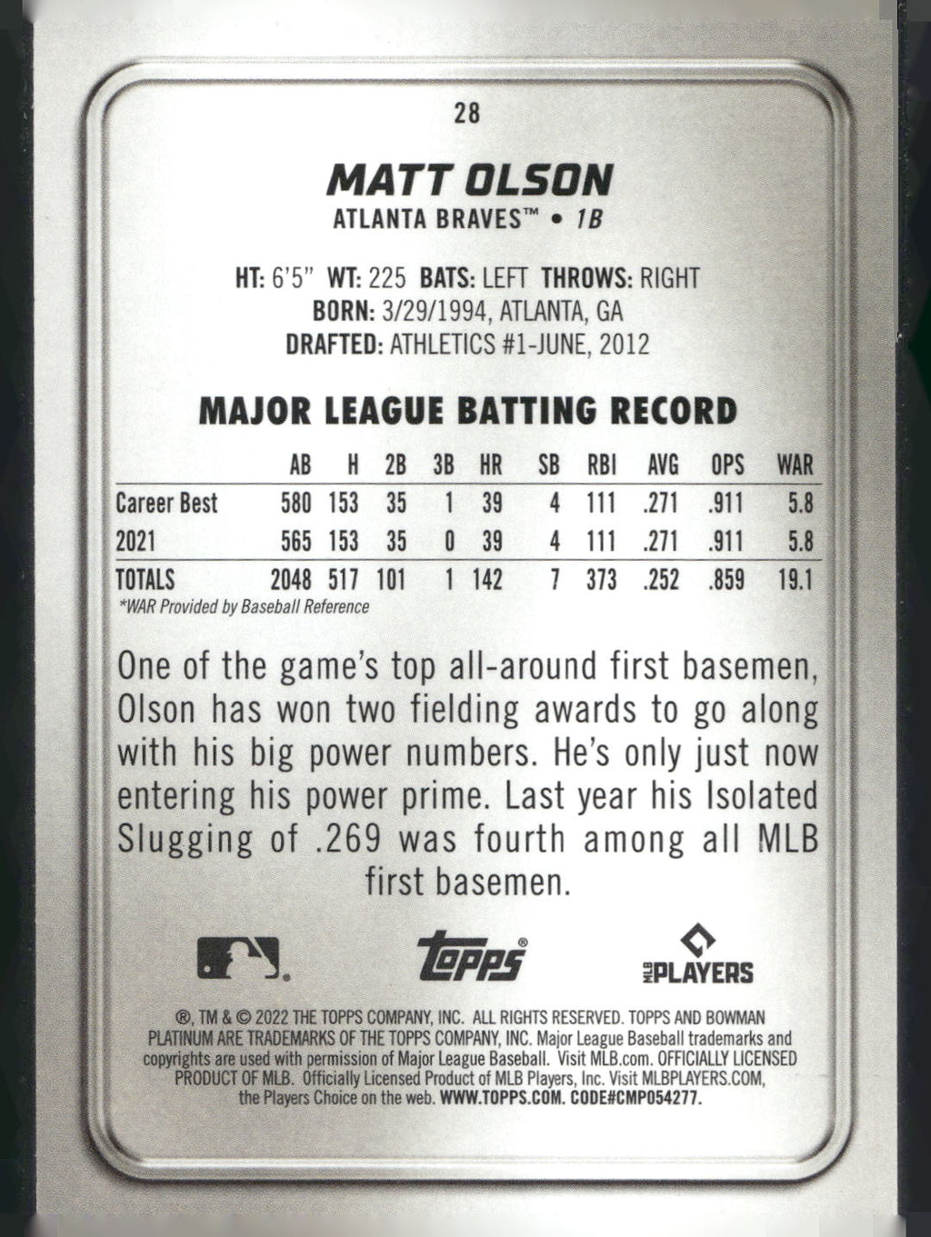2022 Bowman Platinum #28 Matt Olson