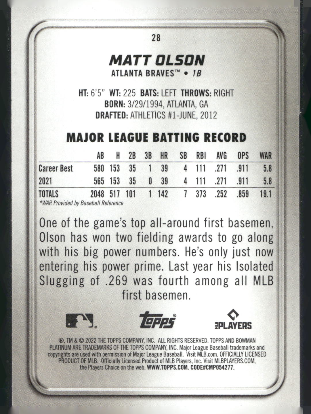 2022 Bowman Platinum #28 Matt Olson