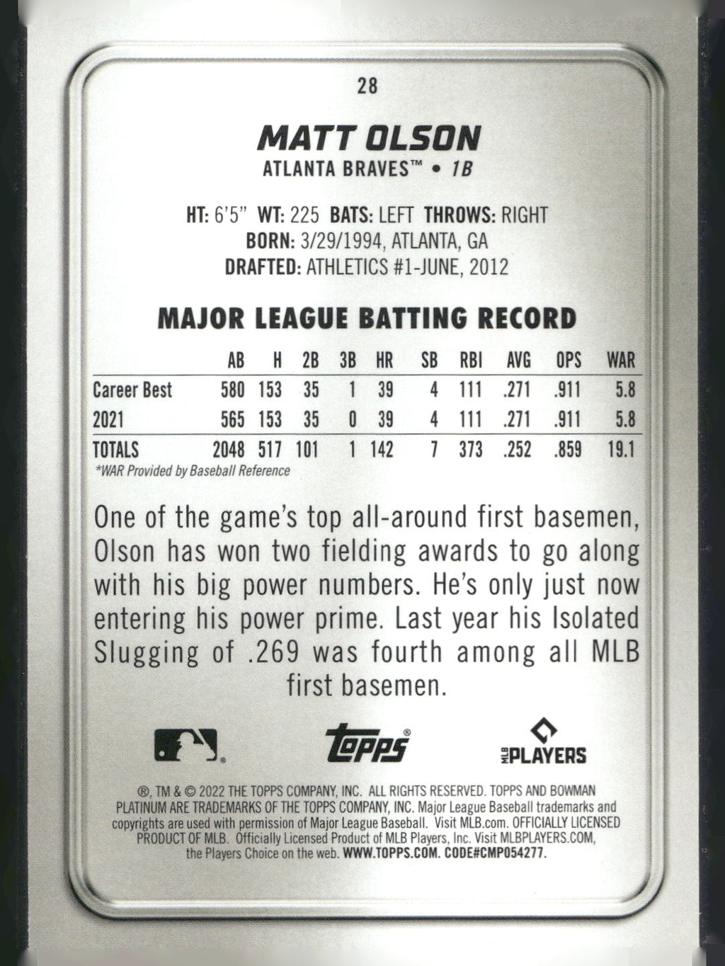 2022 Bowman Platinum #28 Matt Olson