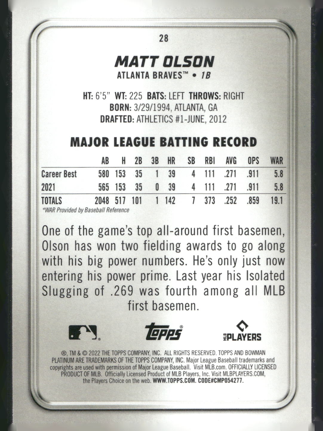 2022 Bowman Platinum #28 Matt Olson