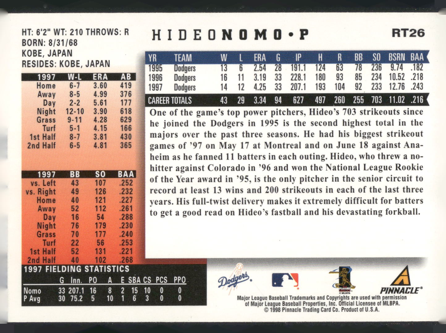 1998 Score Rookie & Traded #RT26 Hideo Nomo