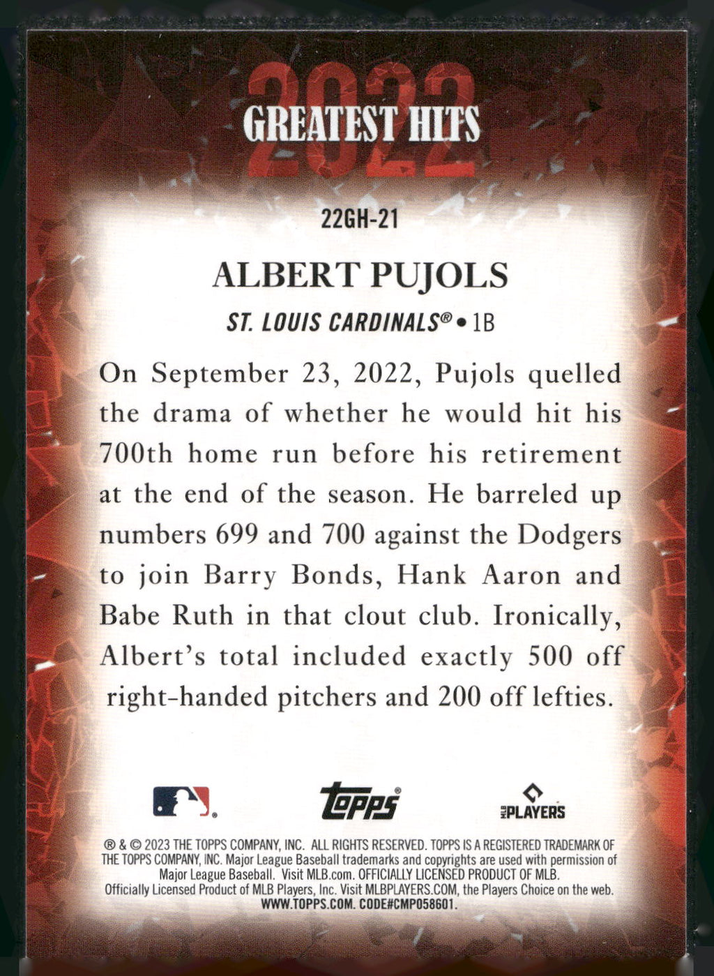 2023 Topps #22GH-21 Albert Pujols 2022 Greatest Hits
