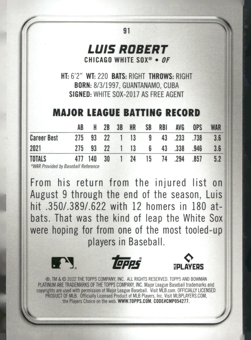 2022 Bowman Platinum #91 Luis Robert