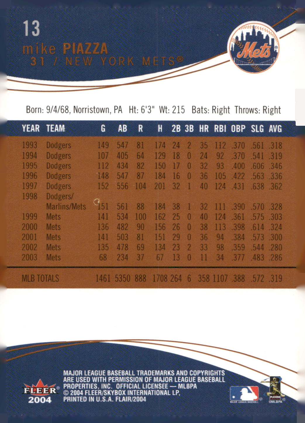 2004 Flair #13 Mike Piazza