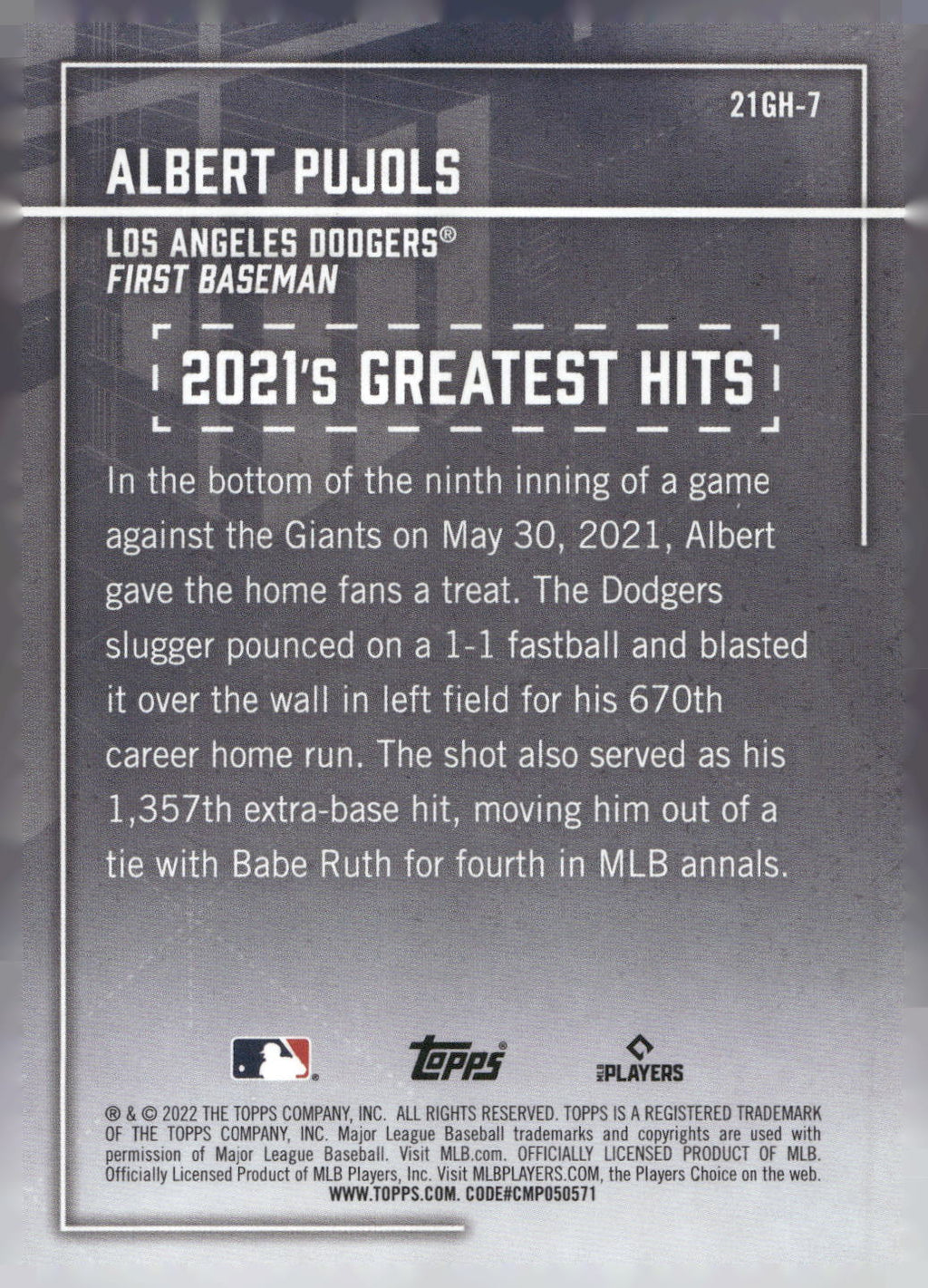 2022 Topps #21GH-7 Albert Pujols 2021's Greatest Hits