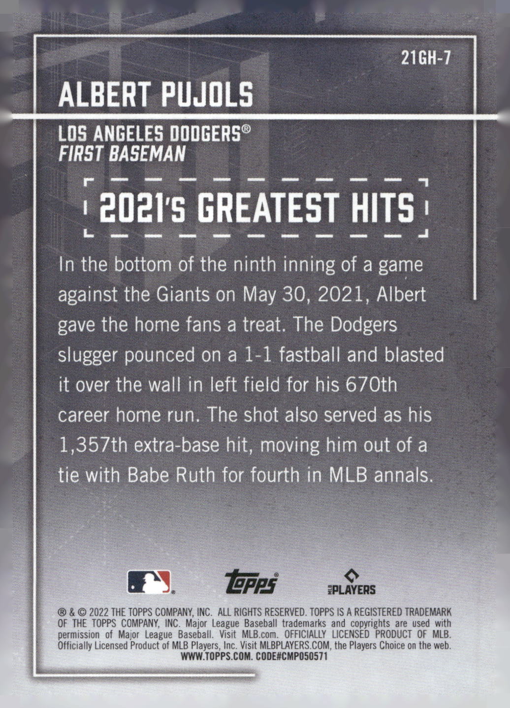 2022 Topps #21GH-7 Albert Pujols 2021's Greatest Hits