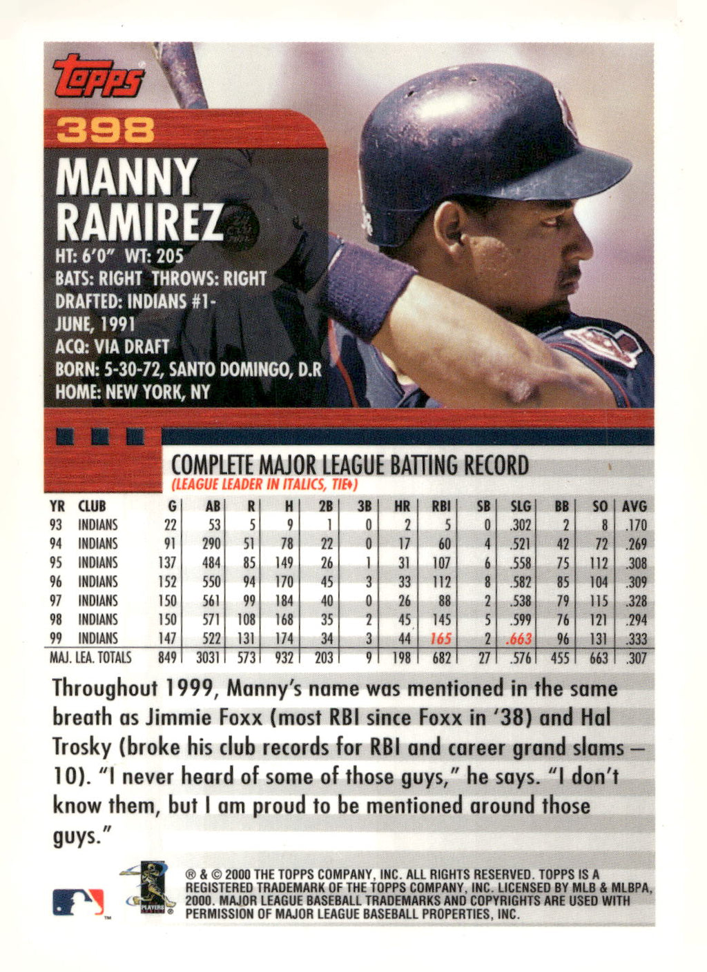 2000 Topps #398 Manny Ramirez