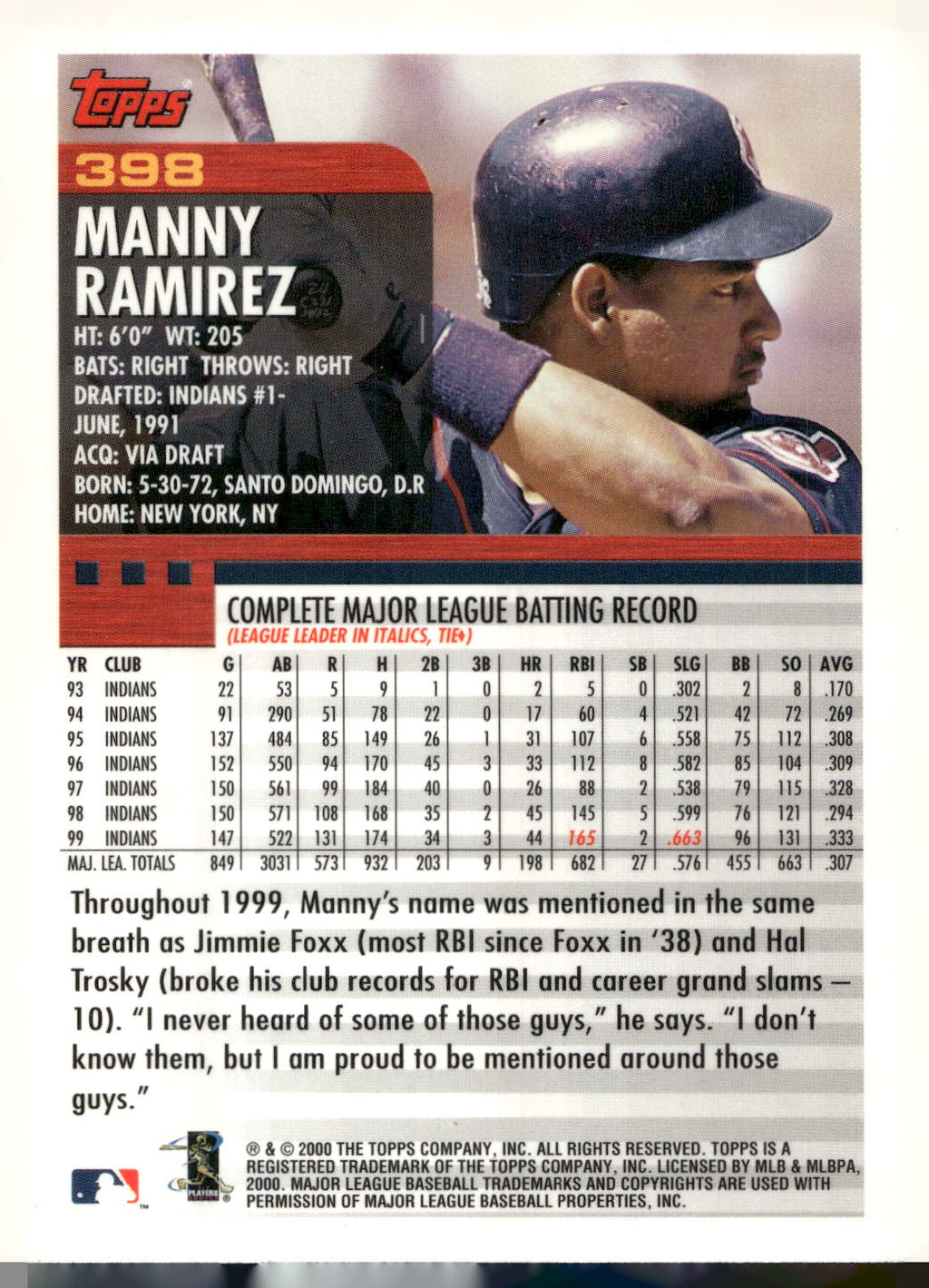 2000 Topps #398 Manny Ramirez