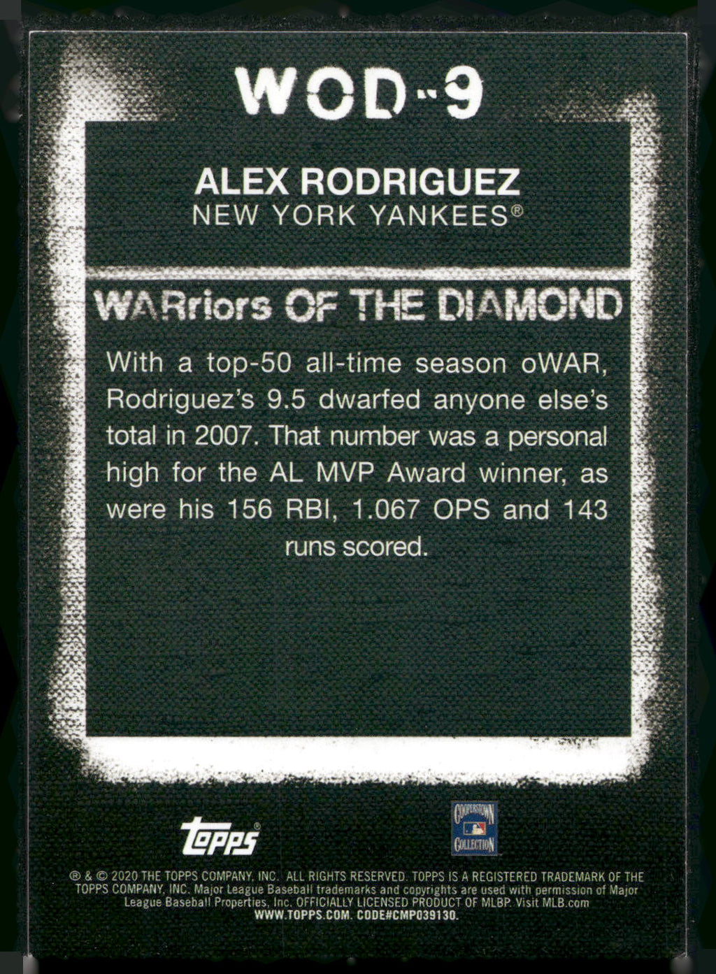 2020 Topps #WOD-9 Alex Rodriguez WARriors of the Diamond