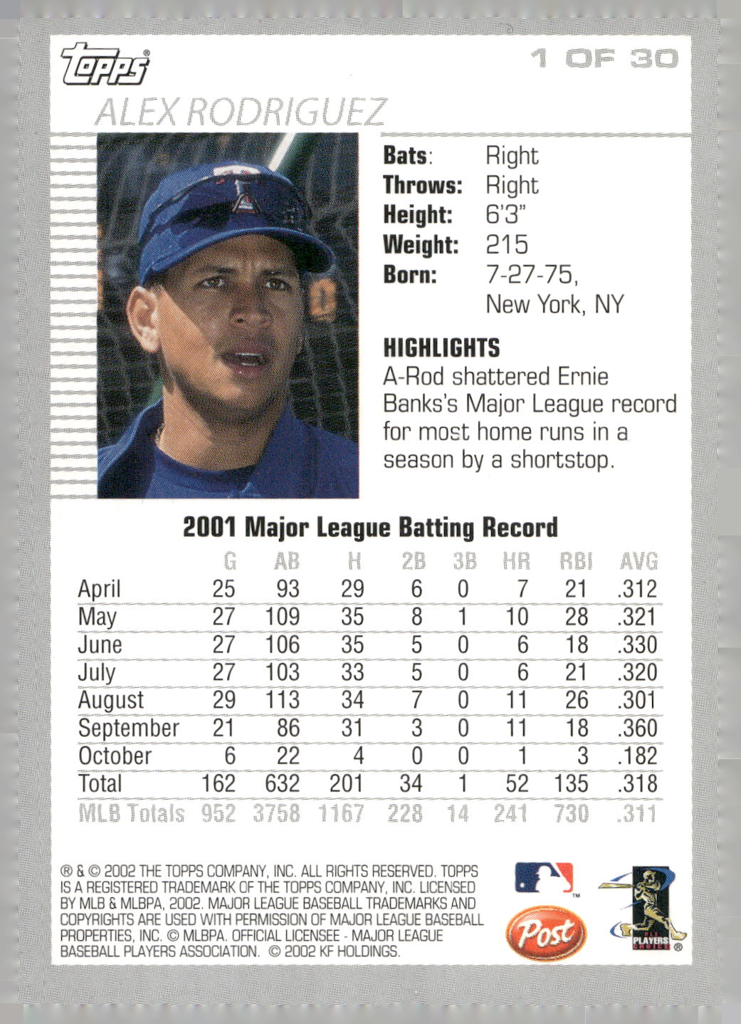 2002 Topps Post Cereal #1 Alex Rodriguez