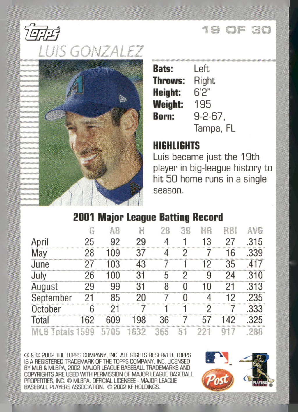 2002 Topps Post Cereal #19 Luis Gonzalez