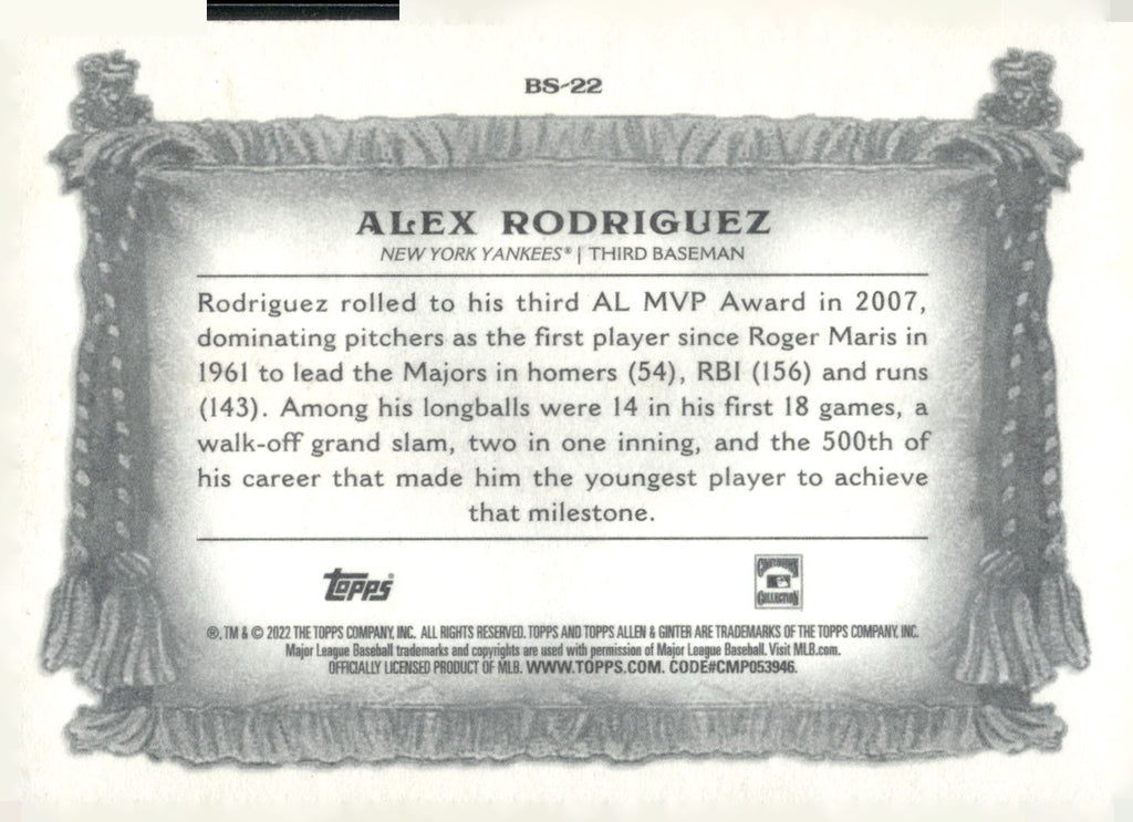2022 Topps Allen & Ginter #BS-22 Alex Rodriguez Banner Seasons