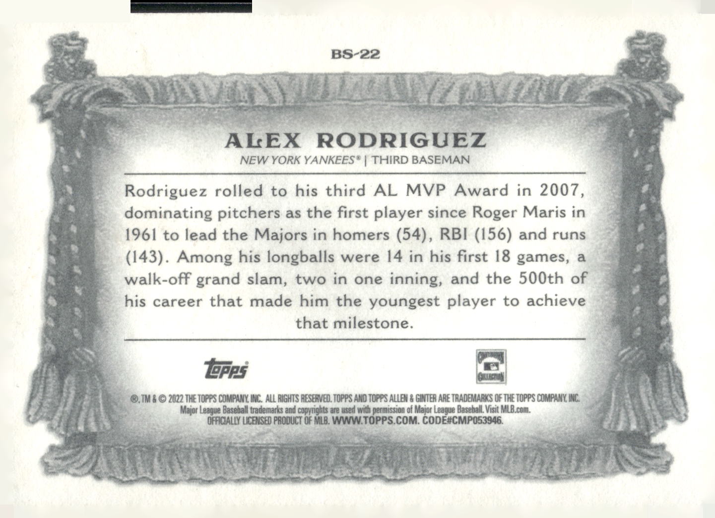2022 Topps Allen & Ginter #BS-22 Alex Rodriguez Banner Seasons