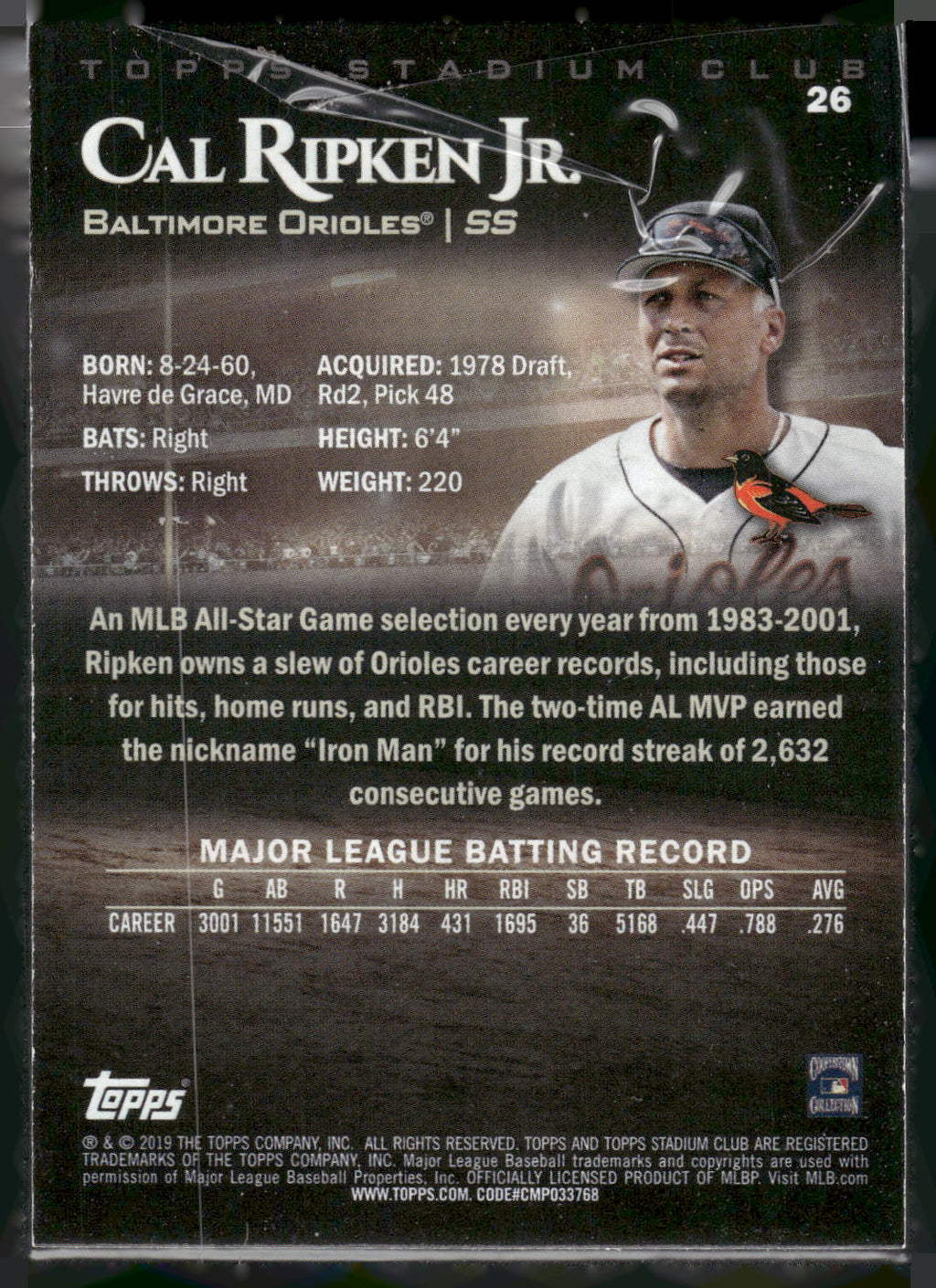 2019 Stadium Club #26 Cal Ripken Jr.