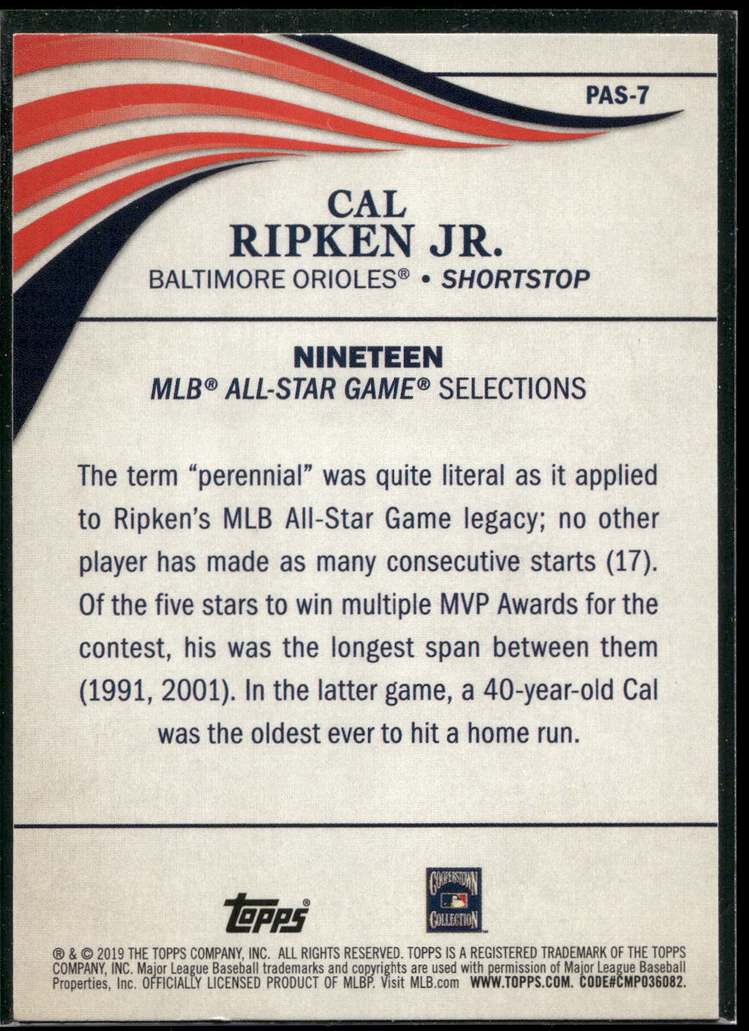 2019 Topps Update #PAS-7 Cal Ripken Jr. Perennial All-Stars