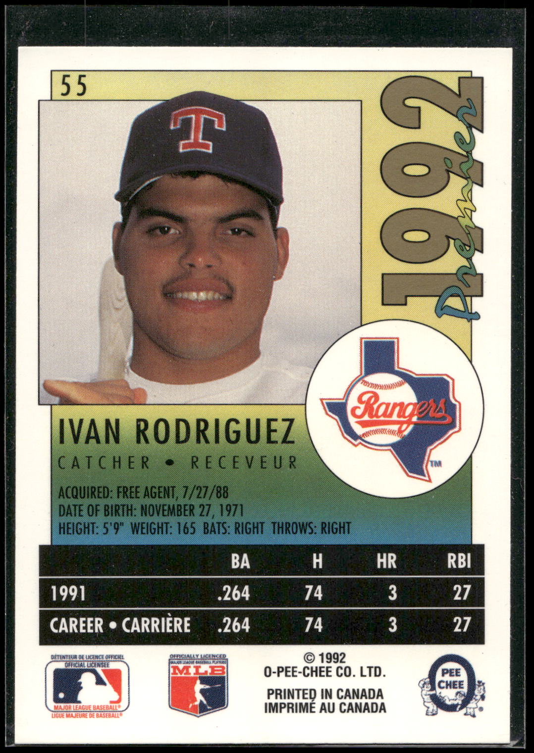 1992 O-Pee-Chee Premier #55 Ivan Rodriguez
