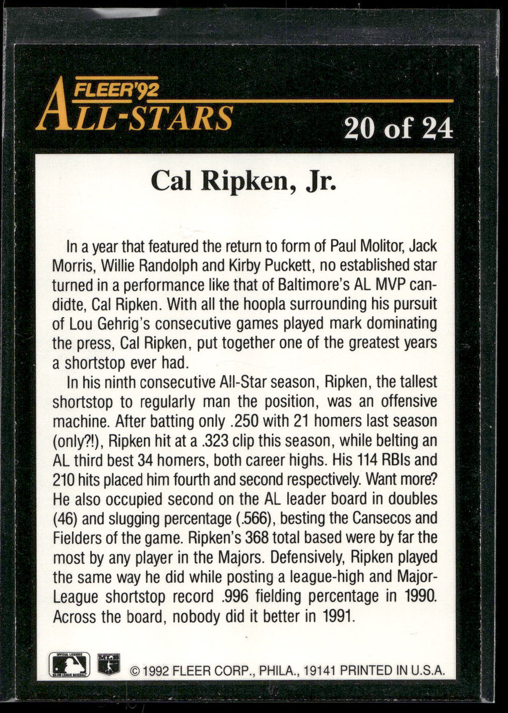 1992 Fleer #20 Cal Ripken, Jr. All-Stars
