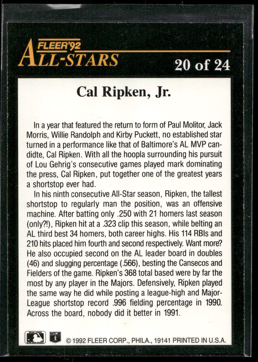 1992 Fleer #20 Cal Ripken, Jr. All-Stars