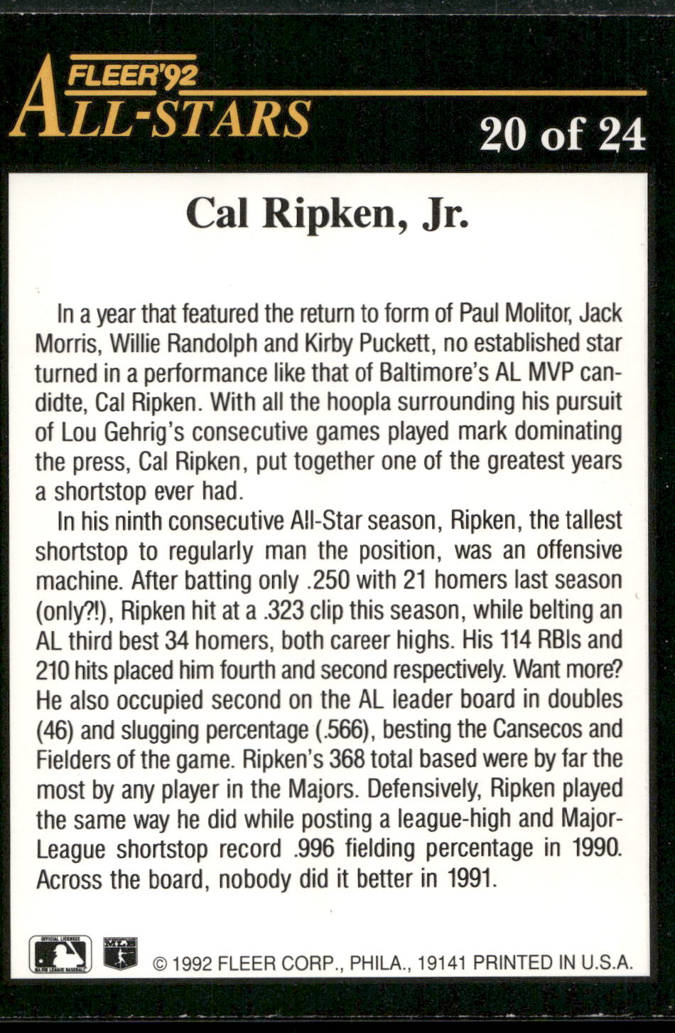 1992 Fleer #20 Cal Ripken, Jr. All-Stars