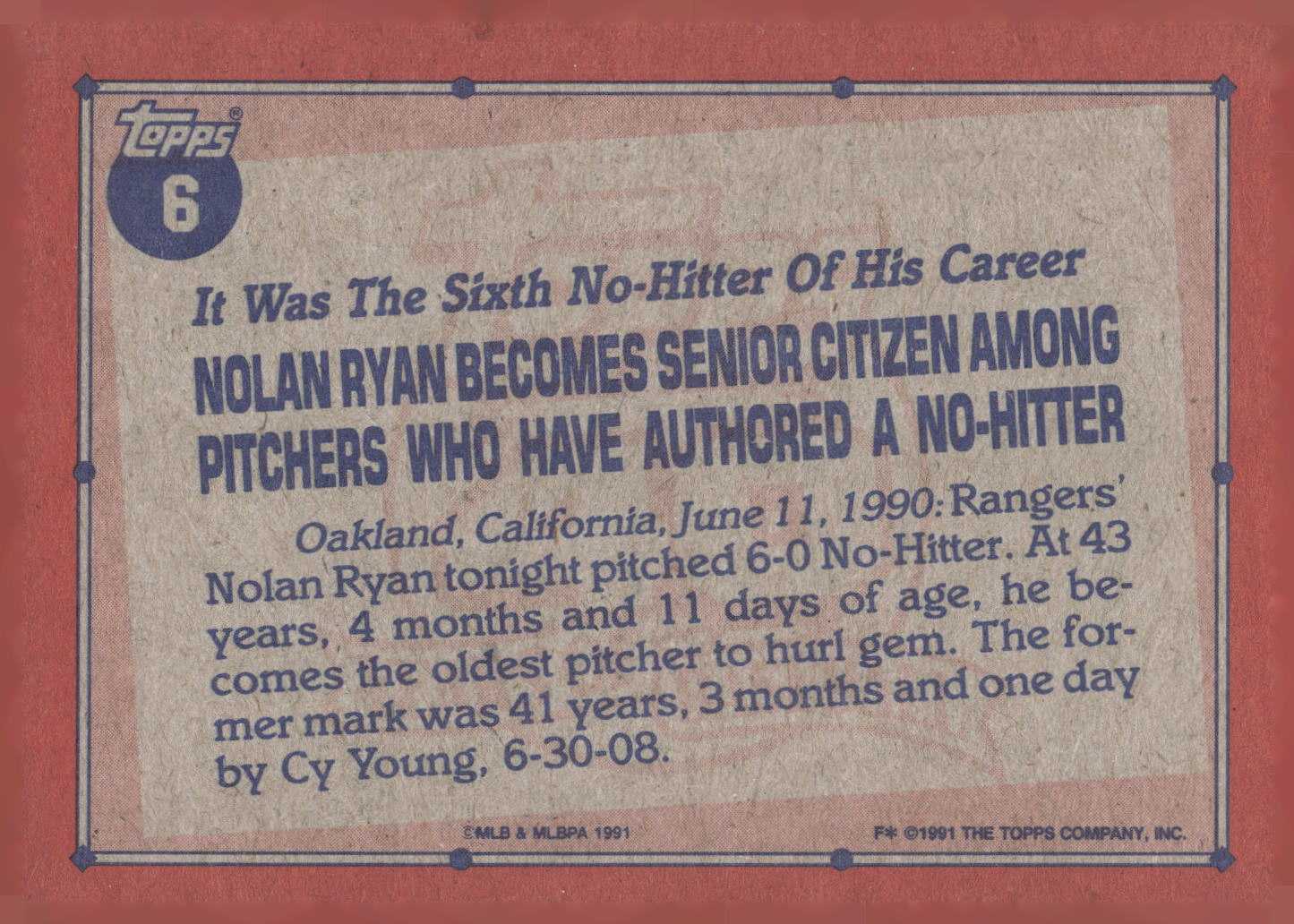 1991 Topps #6 Nolan Ryan