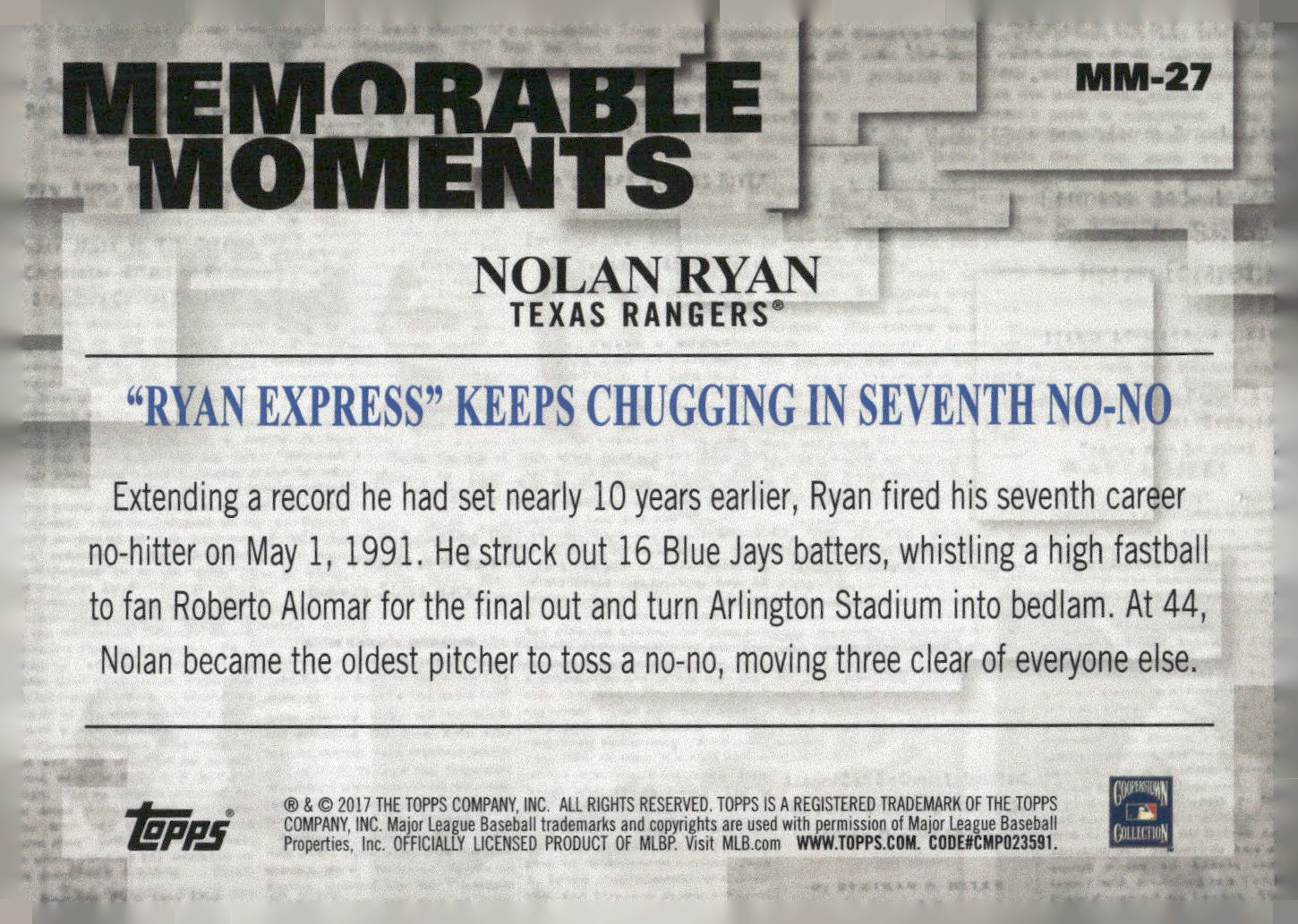 2017 Topps #MM-27 Nolan Ryan Memorable Moments