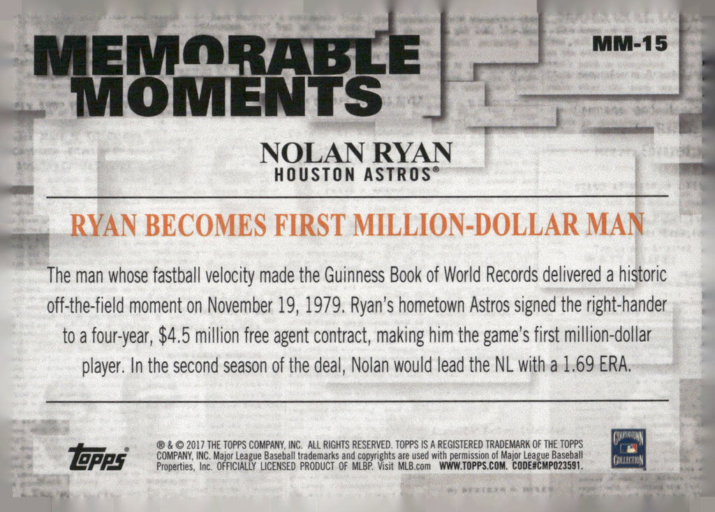 2017 Topps #MM-15 Nolan Ryan Memorable Moments