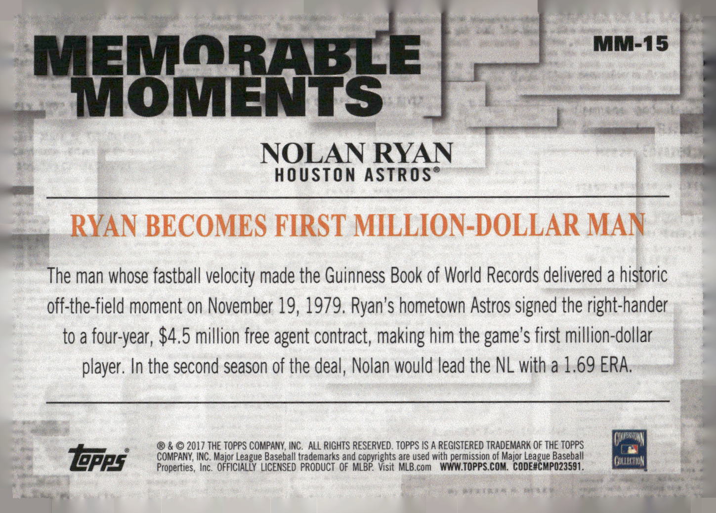 2017 Topps #MM-15 Nolan Ryan Memorable Moments