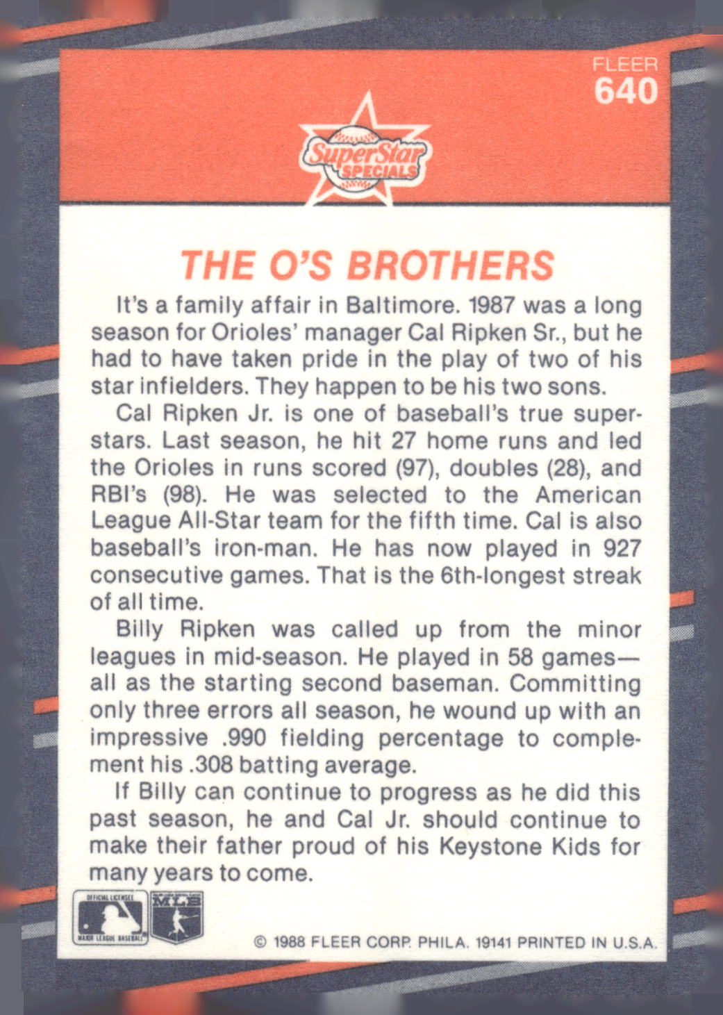 1988 Fleer #640 The "O's" Brothers (Bill Ripken / Cal Ripken, Jr.)