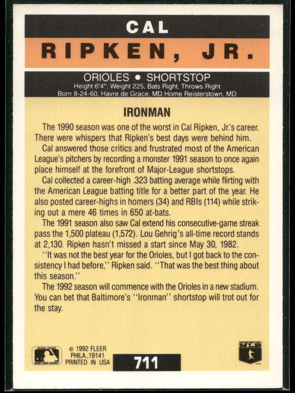 1992 Fleer #711 Cal Ripken, Jr.