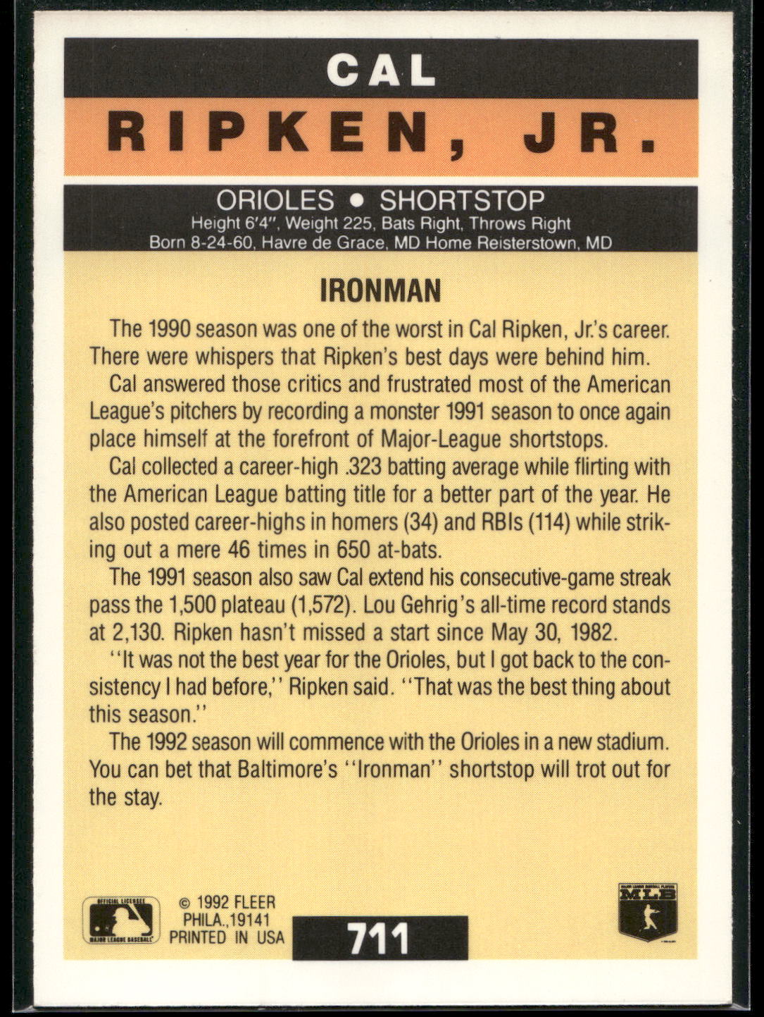 1992 Fleer #711 Cal Ripken, Jr.