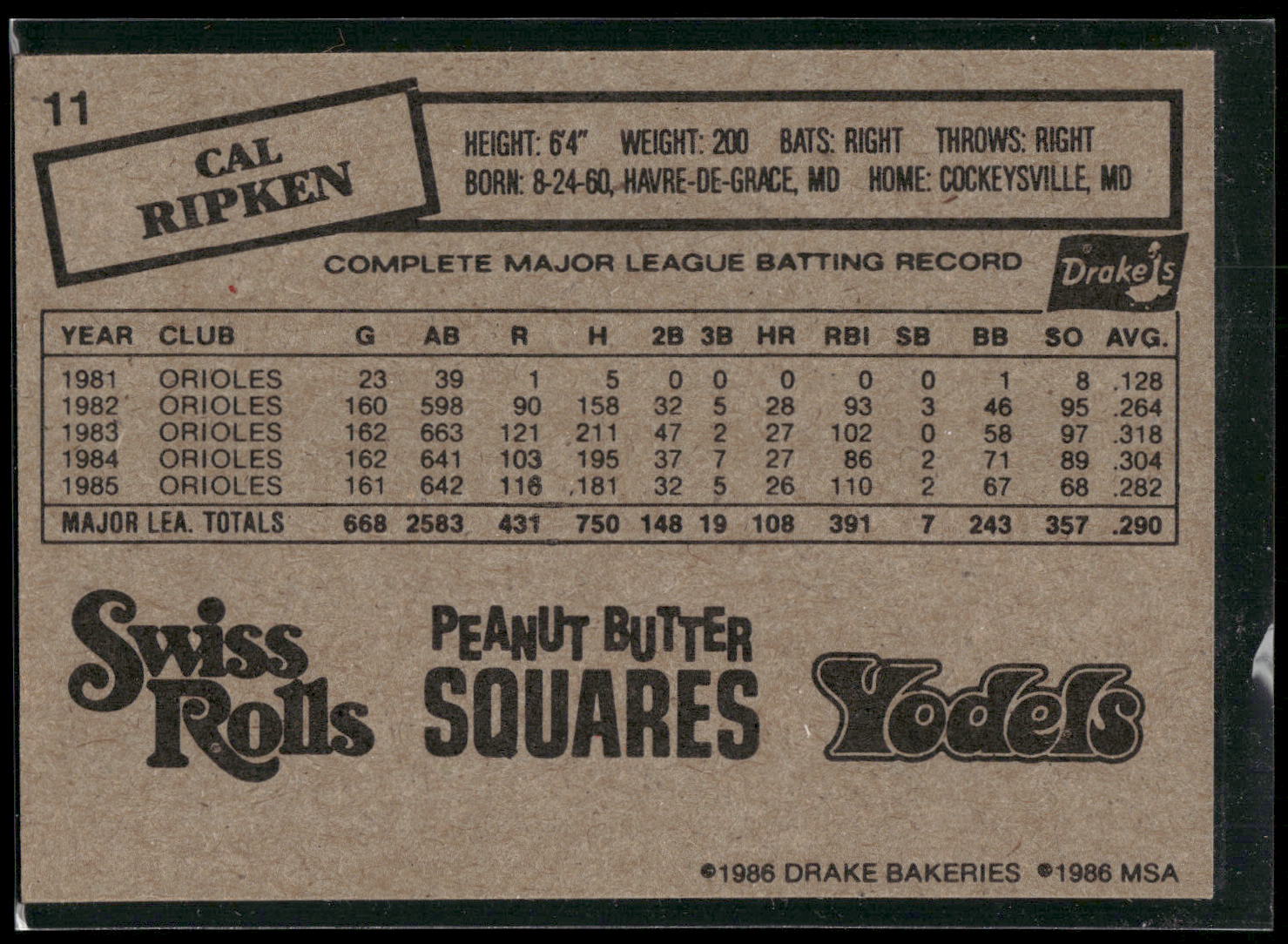1986 Drake's Big Hitters #11 Cal Ripken