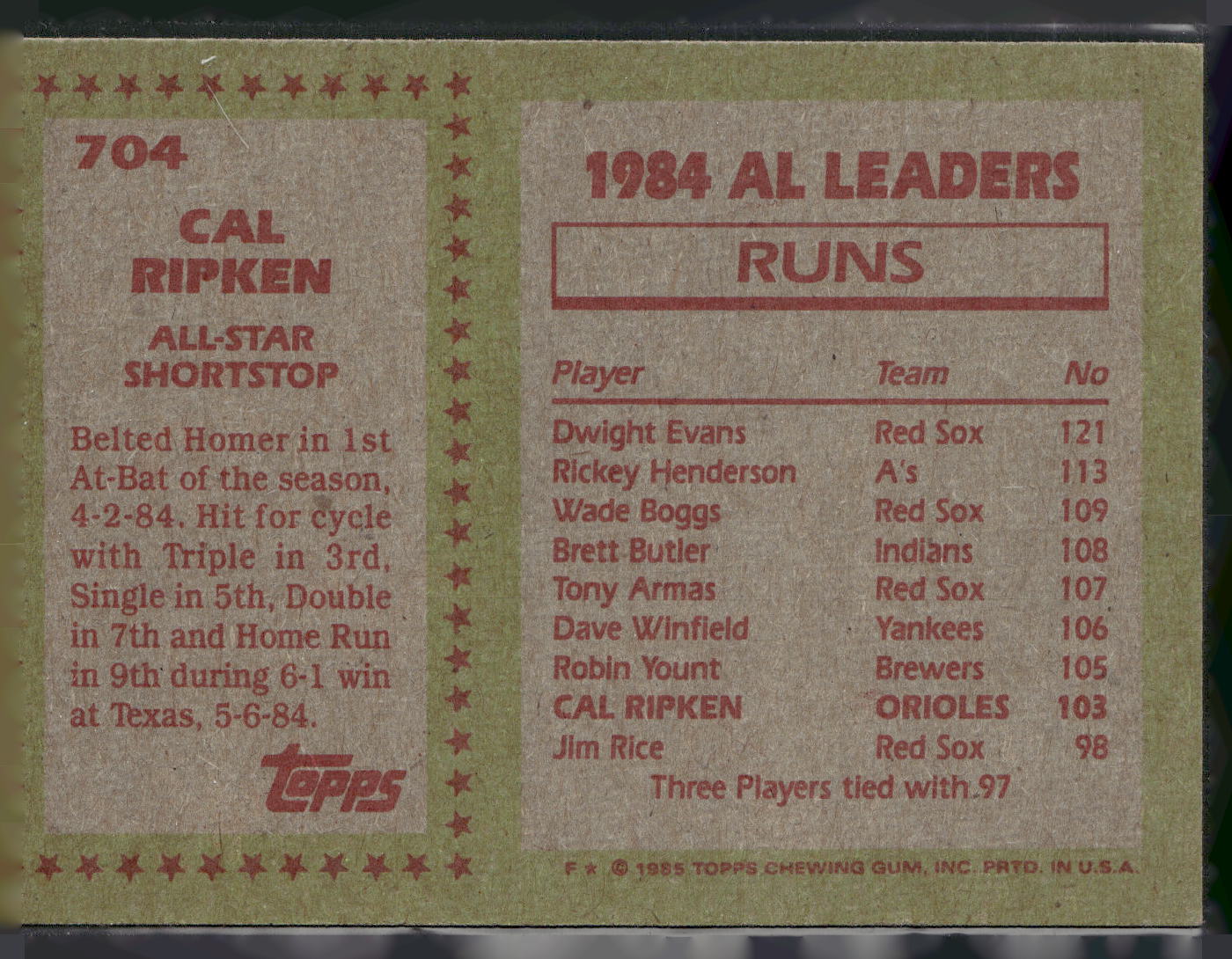 1985 Topps #704 Cal Ripken