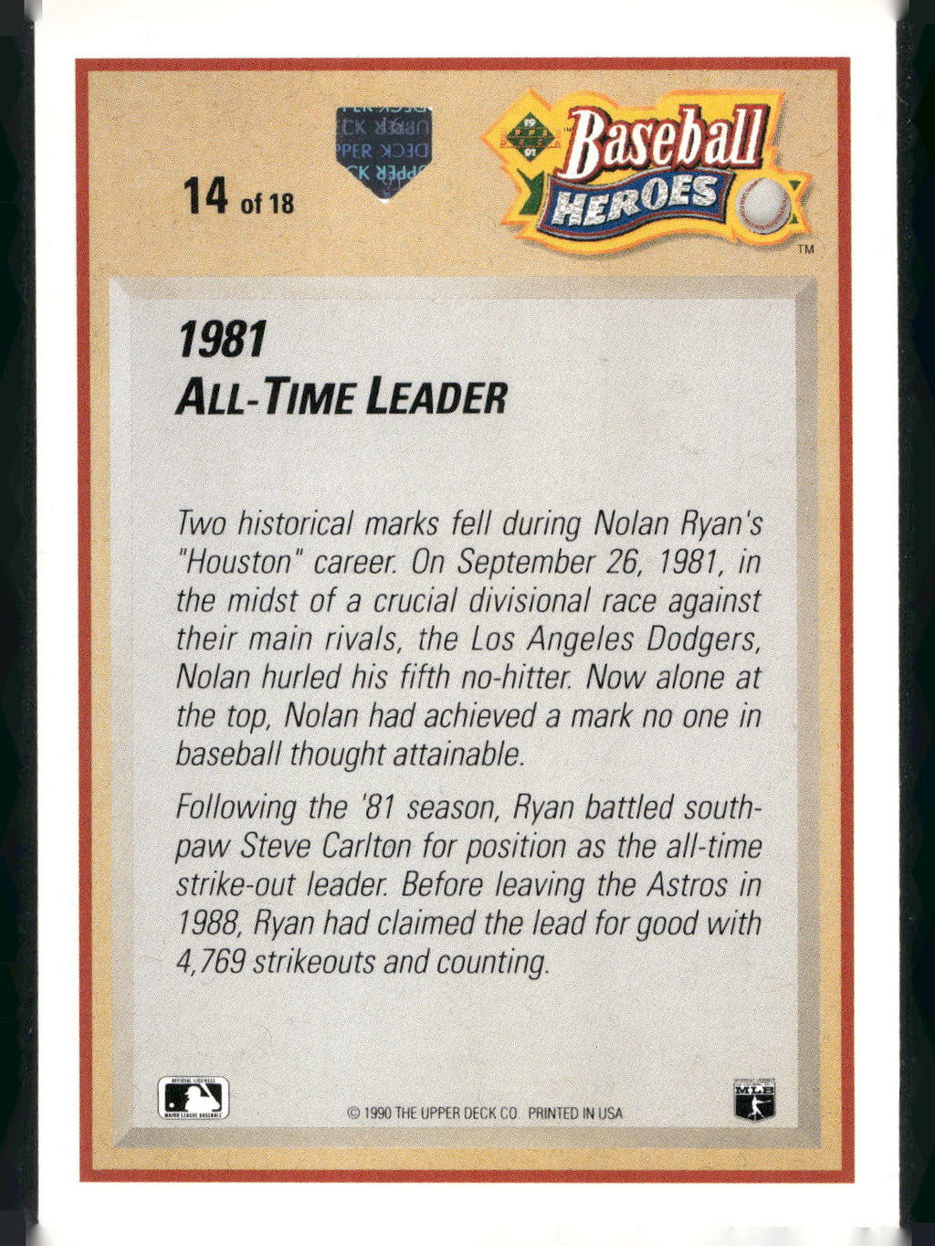1991 Upper Deck #14 Nolan Ryan Baseball Heroes: Nolan Ryan