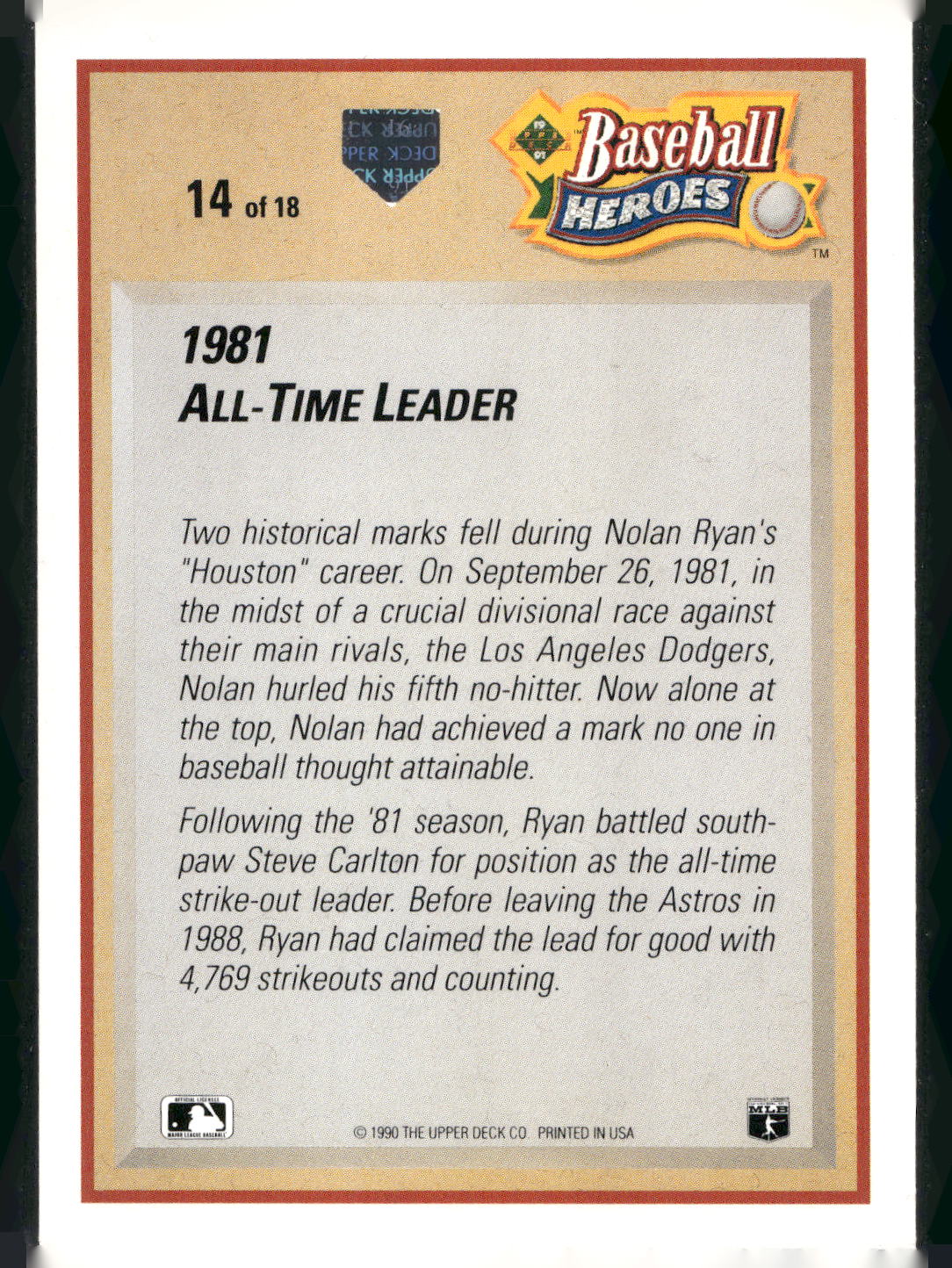 1991 Upper Deck #14 Nolan Ryan Baseball Heroes: Nolan Ryan