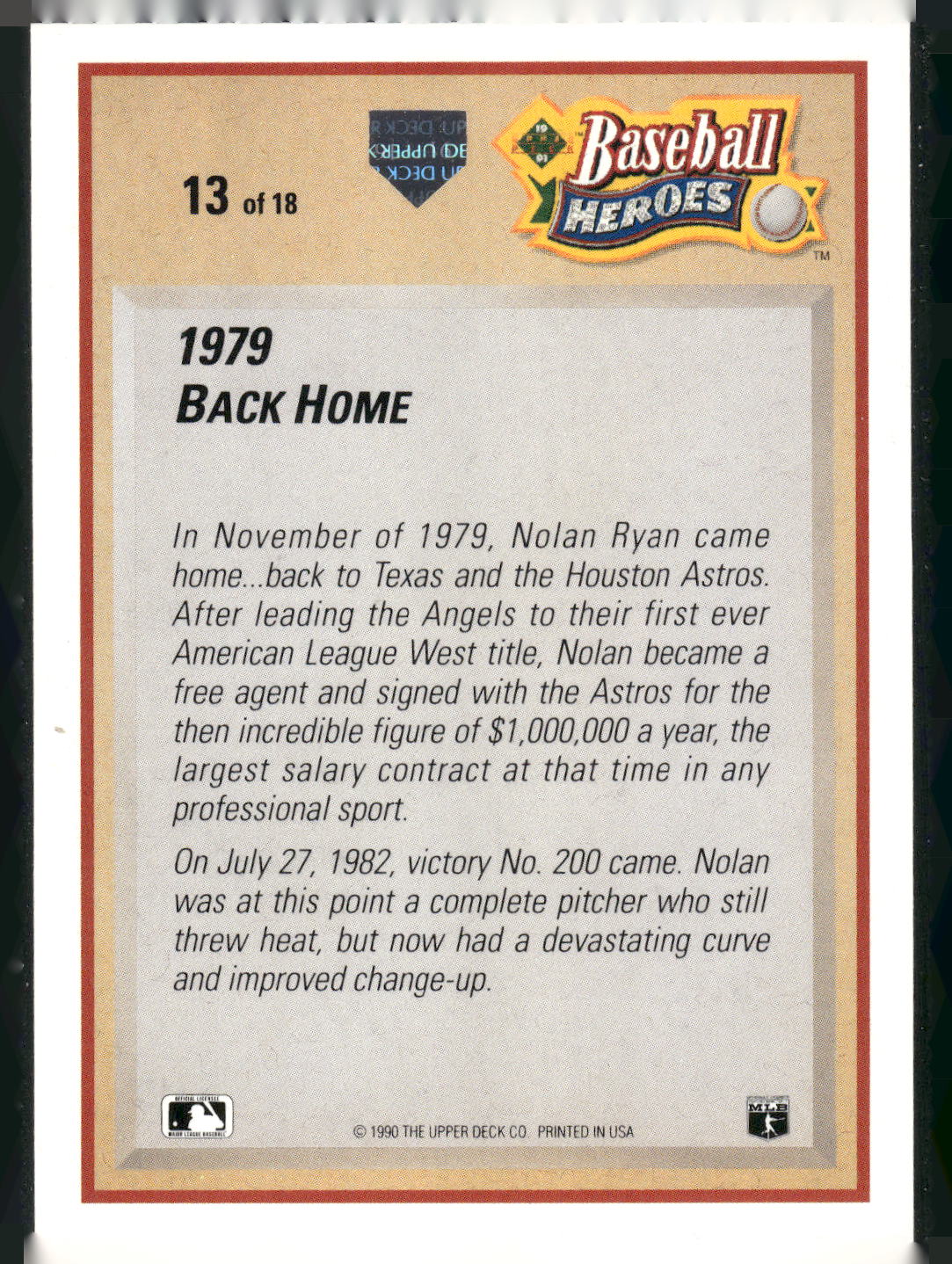 1991 Upper Deck #13 Nolan Ryan Baseball Heroes: Nolan Ryan
