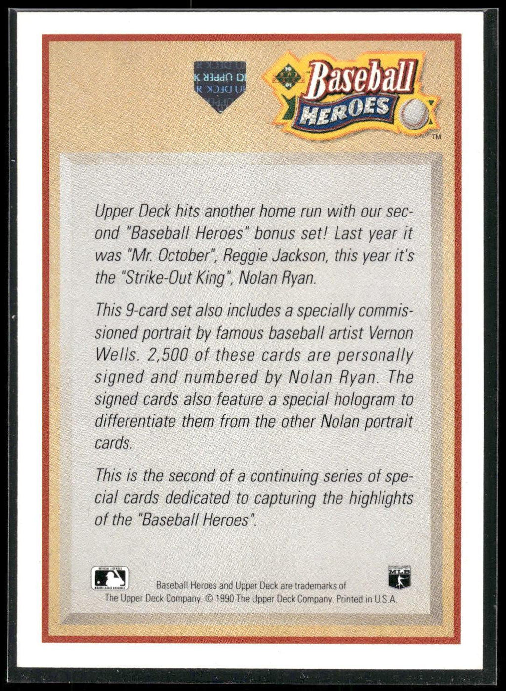 1991 Upper Deck #NNO Header Card Baseball Heroes: Nolan Ryan