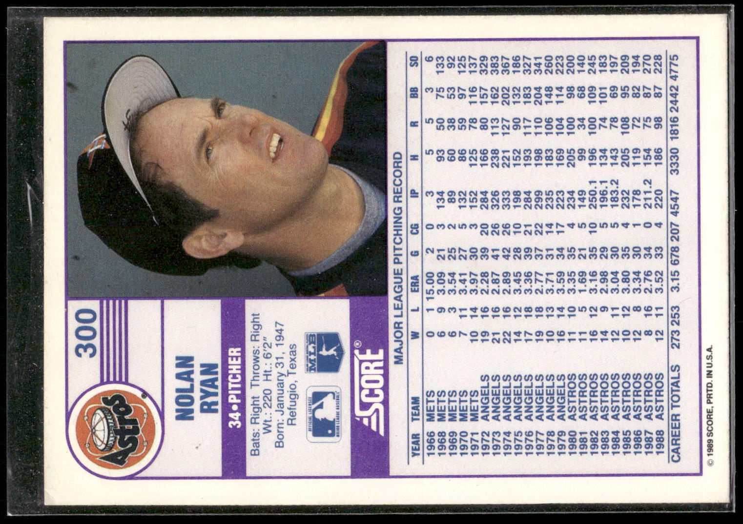 1989 Score #300 Nolan Ryan