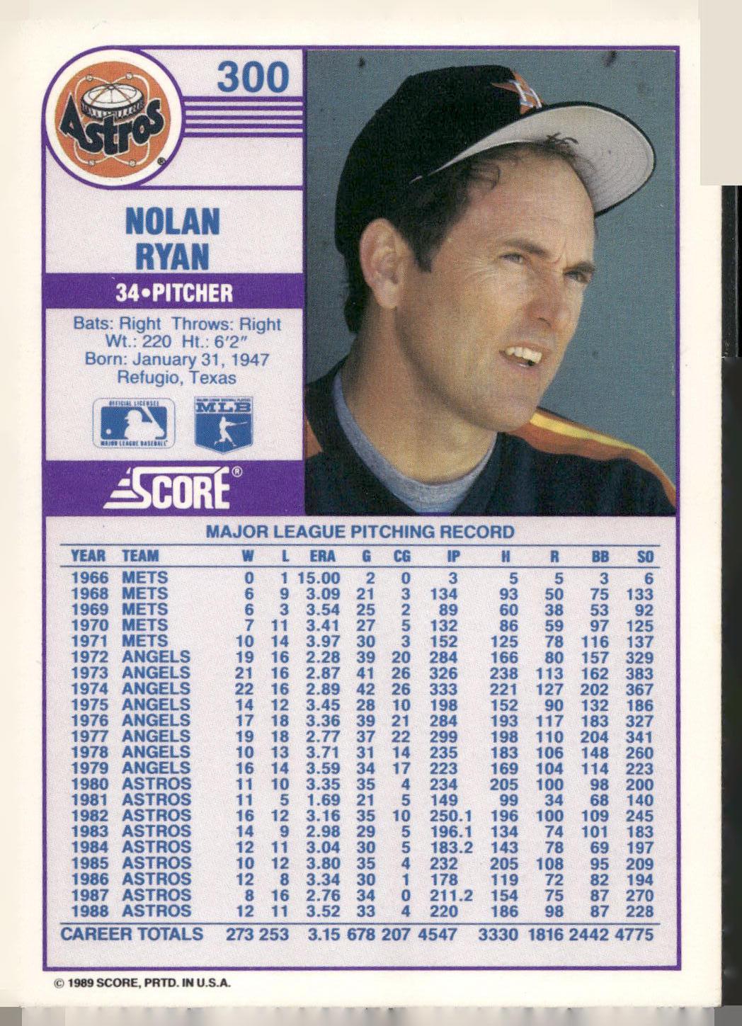 1989 Score #300 Nolan Ryan