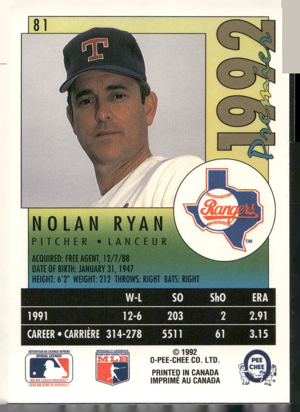 1992 O-Pee-Chee Premier #81 Nolan Ryan