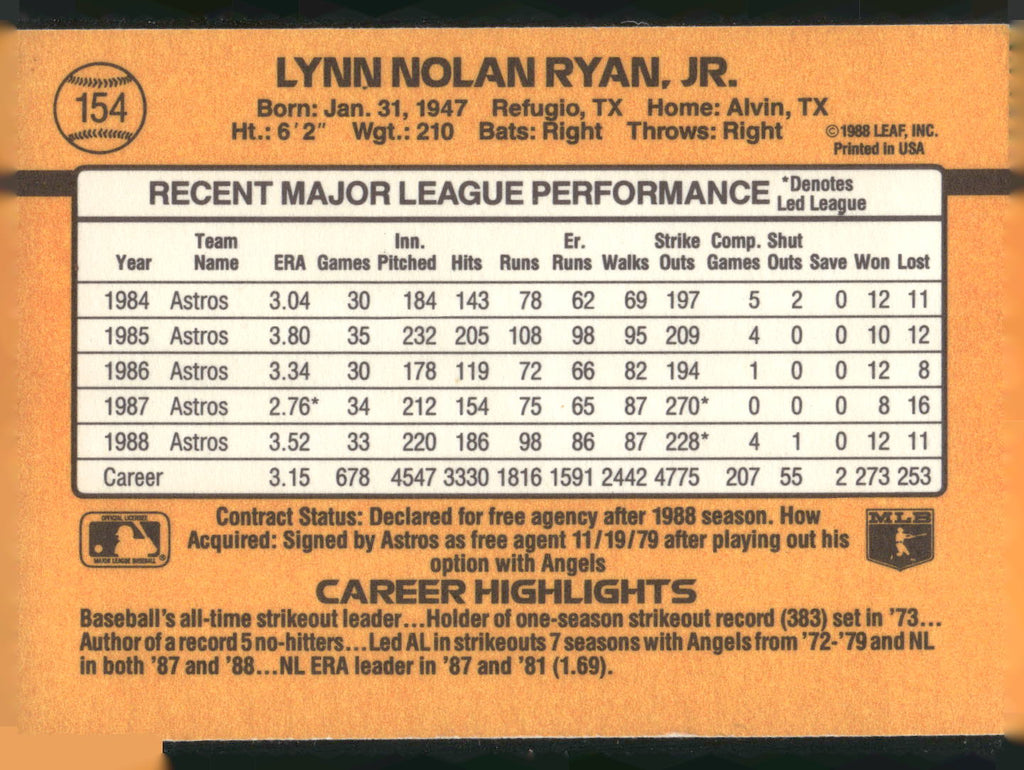 1989 Donruss #154 Nolan Ryan