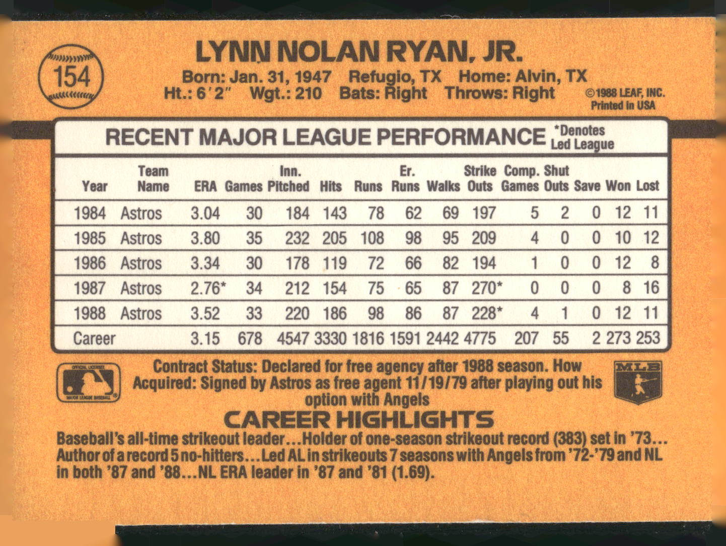 1989 Donruss #154 Nolan Ryan